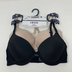 IZOD 34C 2 Pack Underwire T-Shirt Bras Black Nude